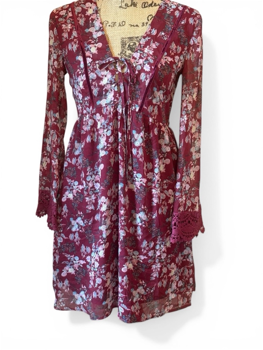 Xhilaration Floral Boho Dress Small Long Sleeve Tie Front Burgundy Lace Detail